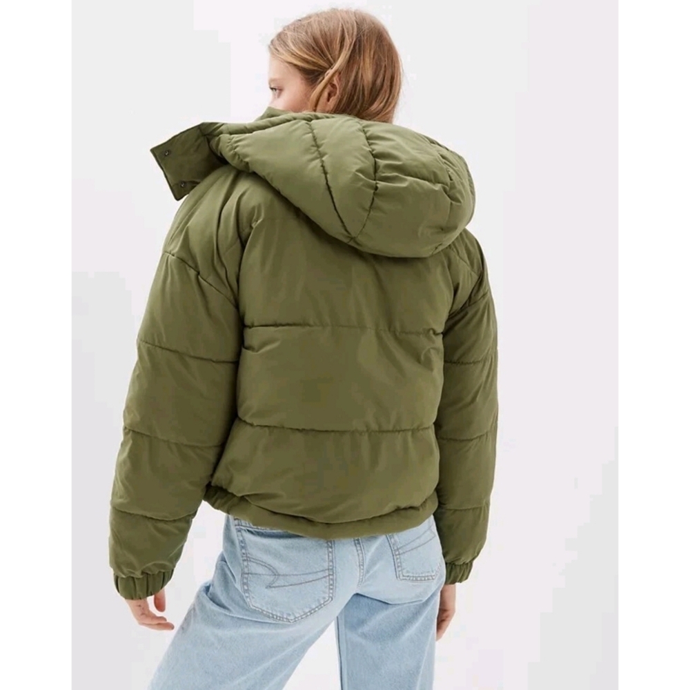 American Eagle The Big Puffy Reversible Hooded Coat Size Medium In Olive - Picture 2 of 14